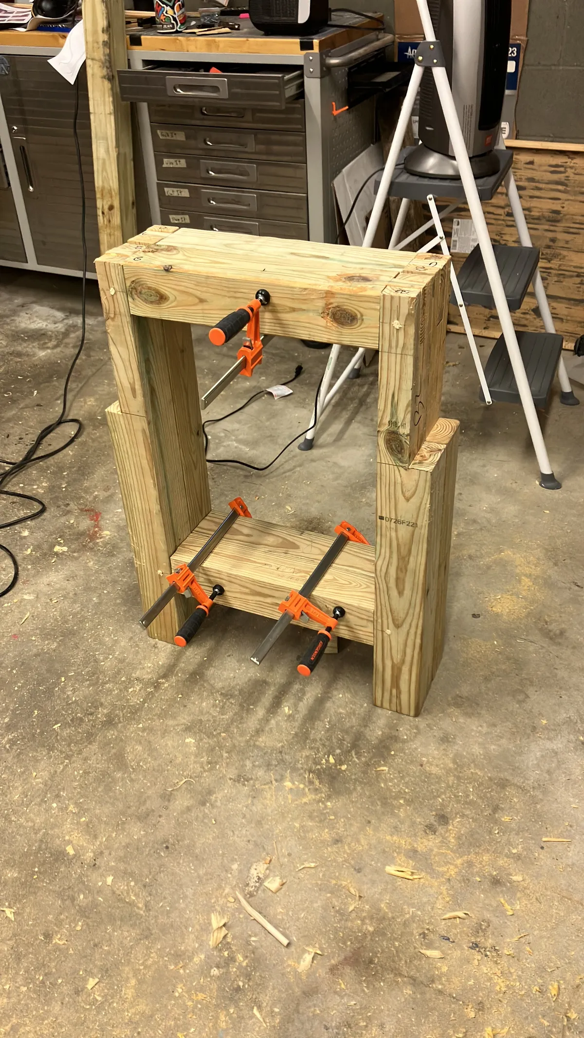 The two H frames for the legs clamped up ready to be planed